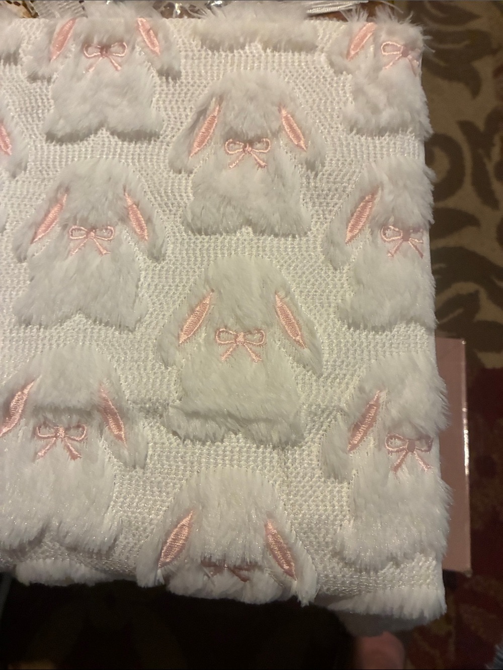 White Plush Bunny Knit Kids Scarf with Pink Detail